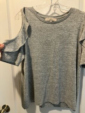 LOFT Heather Gray Cold-Shoulder Ruffle Knit Top